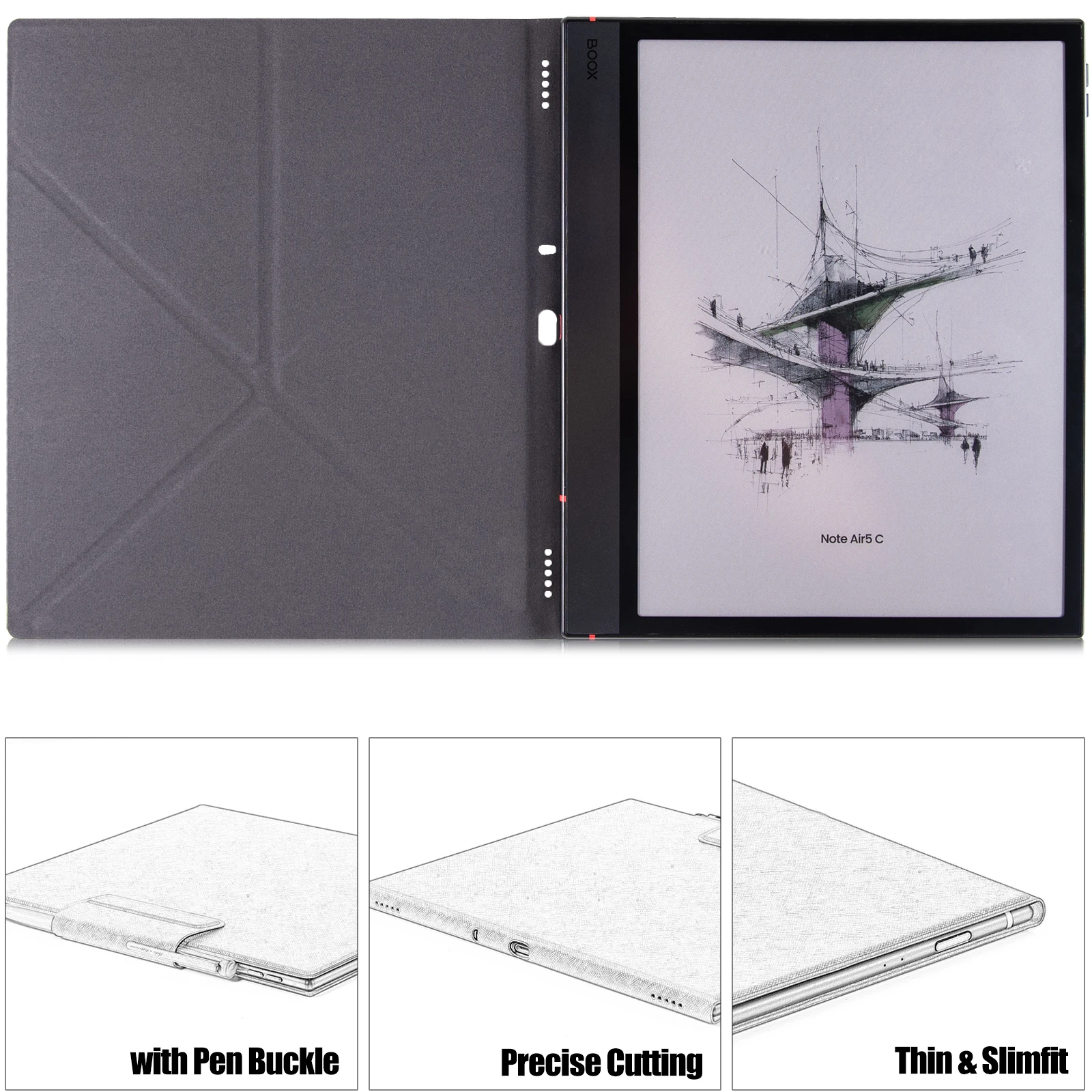 Etui z podstawką w stylu origami do Boox Note Air 6C/Boox Note Air 5 C |   z automatycznym trybem uśpienia/aktywacji |   Projekt z klamrą w kształcie pióra |   Magnetyczna obudowa z ekoskóry — zdjęcie produktu 4