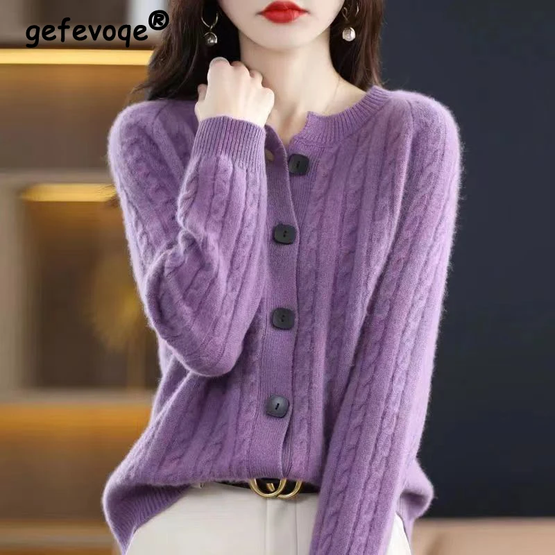 

Women Clothing Autumn Winter Trend Simple Chic Soft Twisted Button Knitted Cardigan Casual O Neck Long Sleeve Loose Sweater Coat