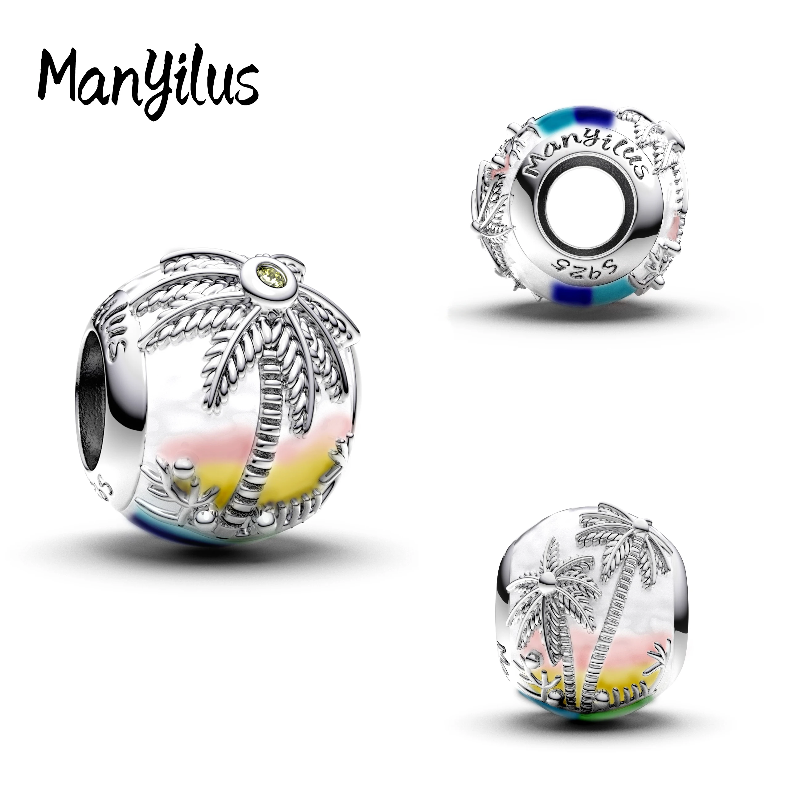 Manyilus S925 Silver Coconut Tree Beach Charm for Original Bracelet, Tropical Island Jewelry Pendant DIY, Summer Vacation Gift