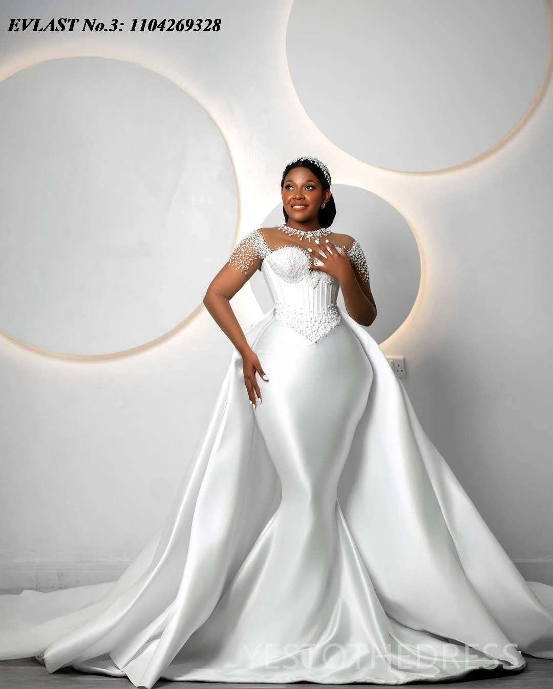 EVLAST Angepasst Meerjungfrau Hochzeit Kleid Satin Applique Perlen Kristall Perlen Abnehmbare Zug Brautkleid Vestidos De Novia E3W04