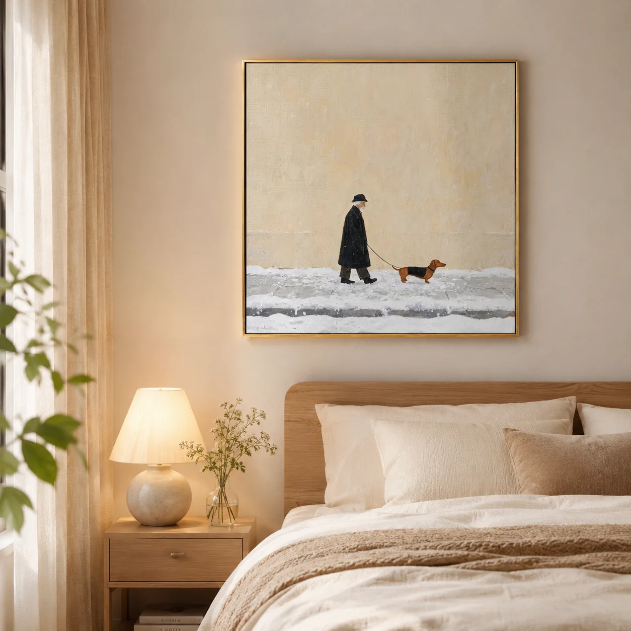 The First Snowfall – Wintry Folk Man & Dog Portrait Painting | Minimalist Square Entryway Art for Bedroom, Living Room, Office view 2