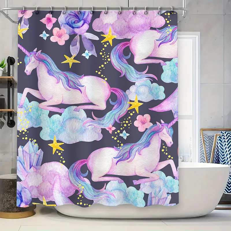 Bunter Einhorn-Duschvorhang, Fantasie-Wolken, Kristalle, dekorativer wasserdichter Badteppich, Plane für Kinder und Mädchen, Badezimmer-Accessoires