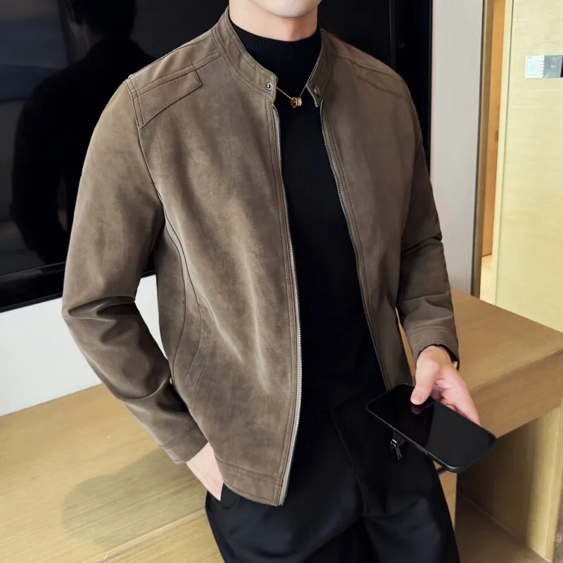 

Высококачественная деловая кожаная куртка с воротником-стойкой для мужчин, британская облегающая короткая красивая мотоциклетная велосипедная куртка, весна 2023 г.