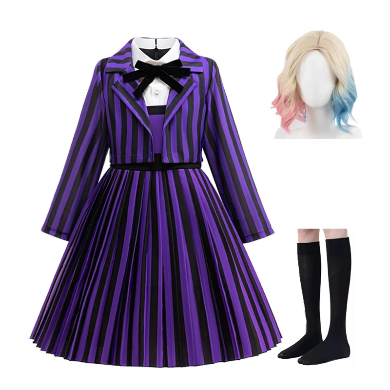

New Wed.Season 2 Purple Striped Dress Girls Cosplay Little Girl Halloween Costume Kids Dress+Coat Pageant College Style Set