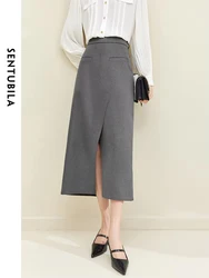 SENTUBILA Midi Split Grey Skirt for Women 2024 Autumn Elegant Solid Skirts with Slit Office Ladies Business Workwear 133Q51099