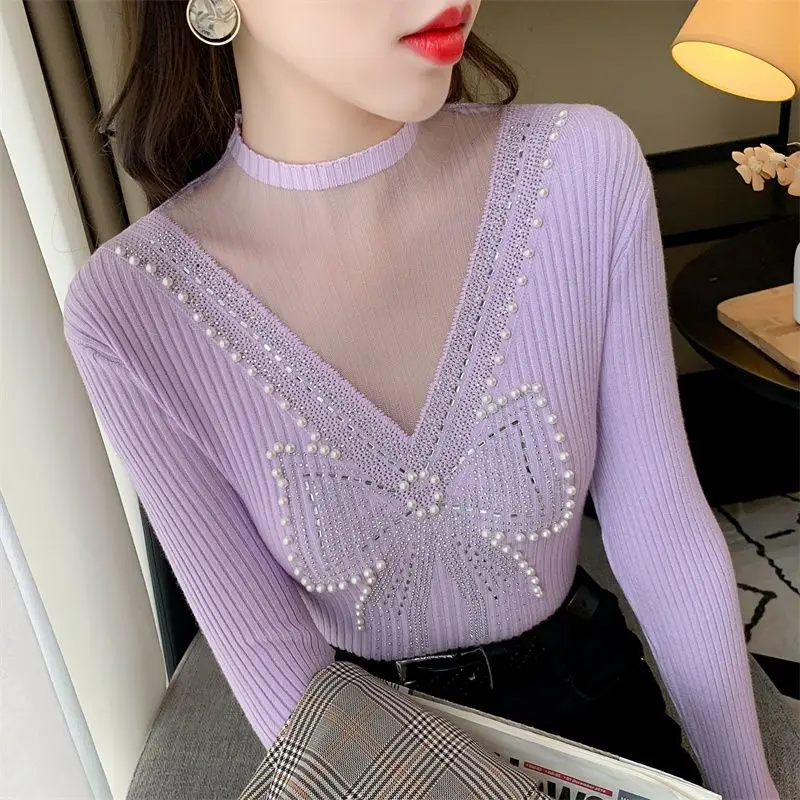 Women\'s Round Neck Autumn Winter New Sweet Gauze Patchwork Long Sleeve Pullover Diamonds Beading Sweater Hollow Out Knitted Tops