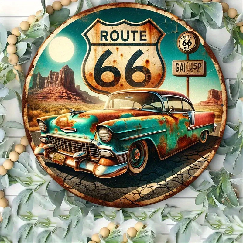 Vintage Route 66 Metal Wall Art Sign - 8x8 Inch Retro Americana Decor with Classic Car & Desert Scene - Rustic Tin Plaque for Ho view 3