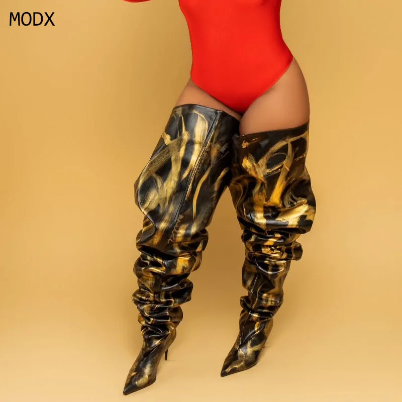 

Over The Knee Boots Pu Leather Pleated Solid Color Pointed Toe Thin Heel Fashion Sexy Cool Women Shoes Newest