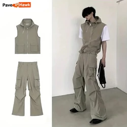 Summer Sleeveless Set Men Women Multi-Pocket Hooded Vest +jogging Cargo Pant Spring Loose Casual Zipper Two Piece Suit Street