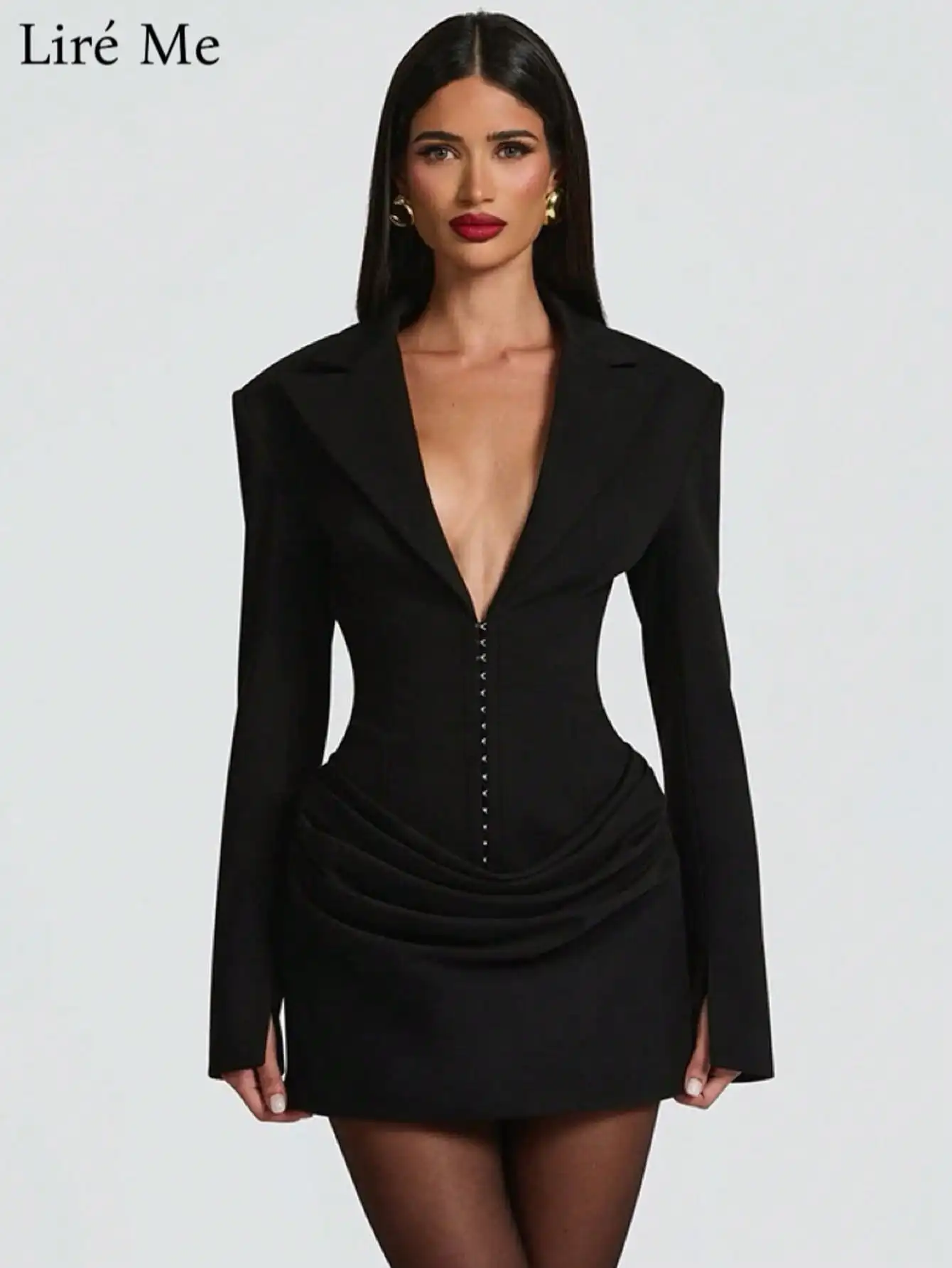 

Black Solid Color Deep V-Neck Pleated Mini Blazer Dress with Front Button Detail