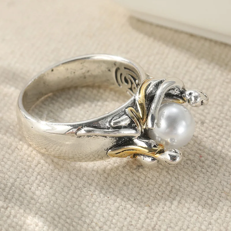Vintage-Ring für Damen mit eingelegten Kunstperlen, ethnische Silberfarbe, handgeschnitzt, für den täglichen Gebrauch, Partyschmuck, Jubiläumsgeschenk – Detail 4