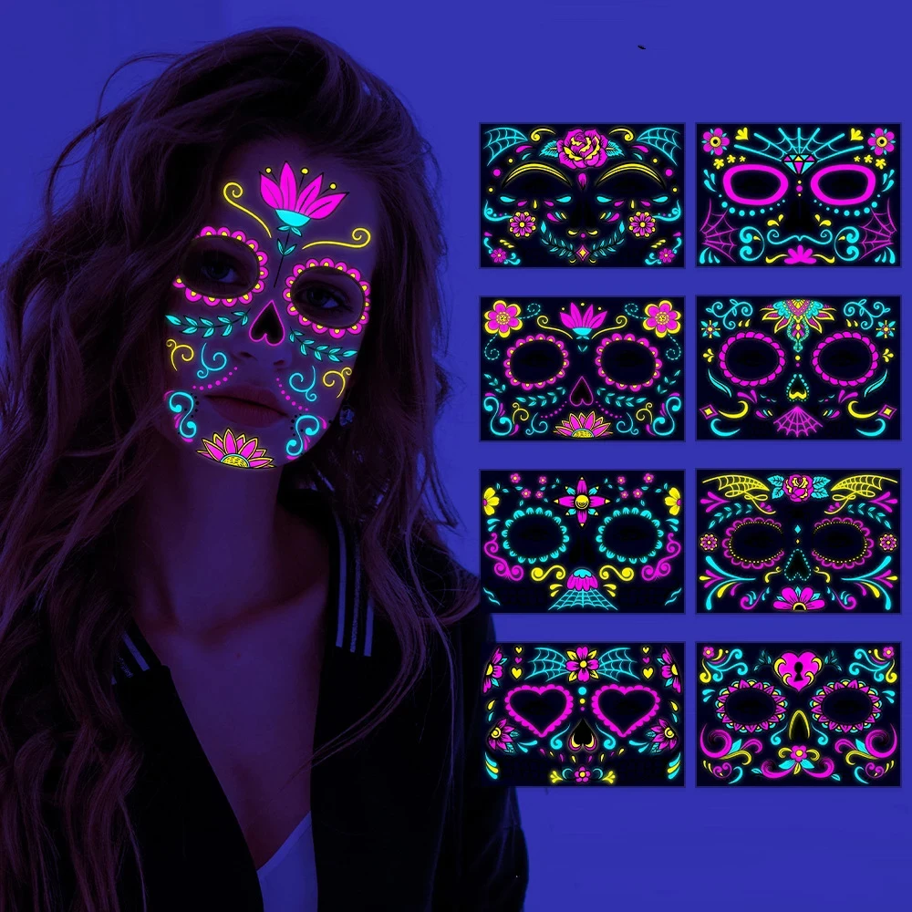 2022 Halloween Día de los muertos tatuaje temporal luminoso aterrador Festival de fantasmas calavera cara fiesta bola maquillaje pegatina tatuaje