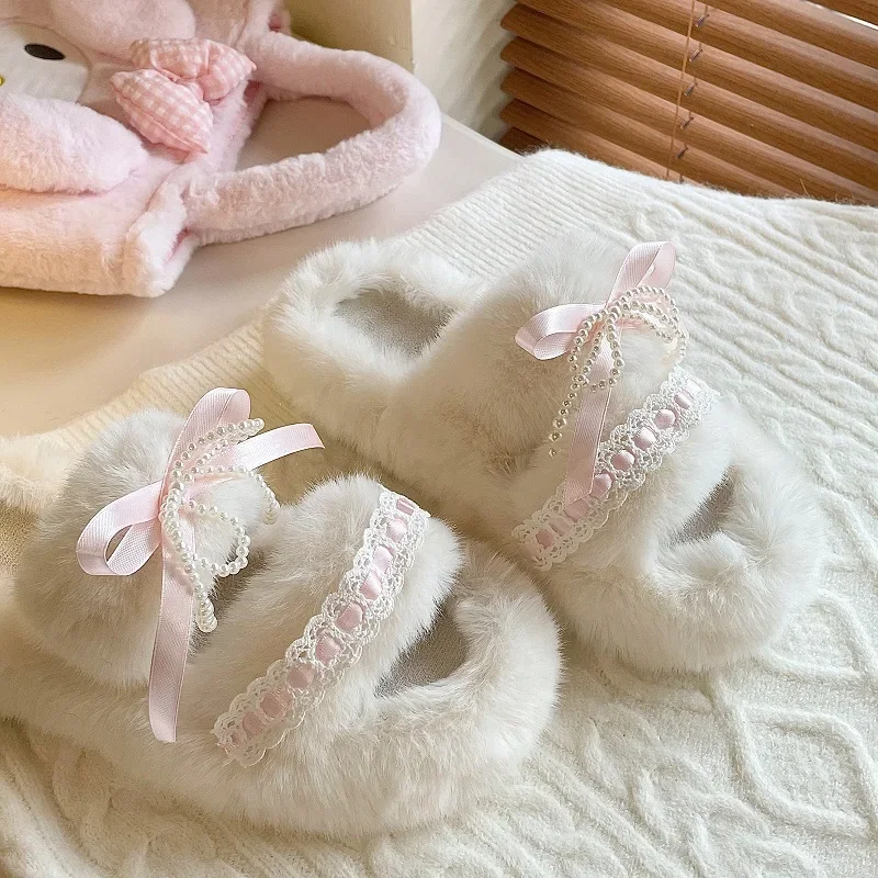 Cute Fluffy Slippers Women Winter Pink Bow Bead String Decoration Home Slippers for Sweet Girls Cozy Fuzzy Indoor Shoes