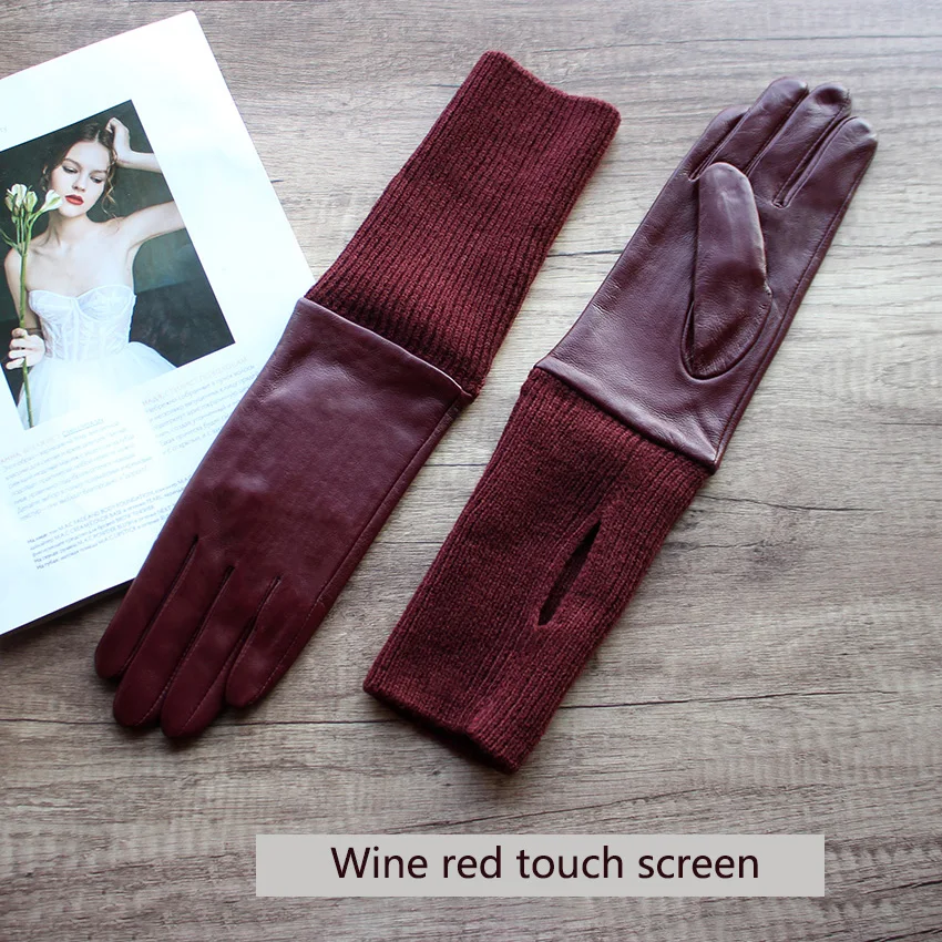Female Long Sheepskin Gloves Touch Screen Leather Elastic Ribbed Sleeves Velvet Lining Autumn and Winter Warm Driving Gloves