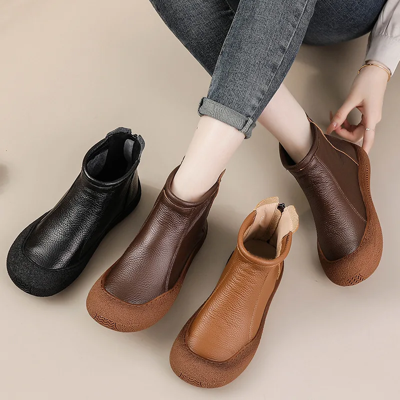 Leather Flats Women Ankle Boots Designer Retro Zipper Shoes 2026 Trend New Brand Soft Oxford Shoes Cozy Winter Botas De Mujer