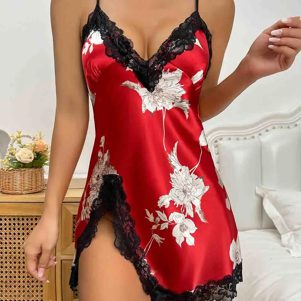 New Ice Silk Sleeping Skirt Thin Short Skirt Women's Home Wear Imitation Silk Printed Dress Fashion Pajamas Summer New Style - view 4