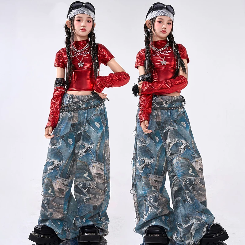 Costume de danse Jazz rouge pour spectacle scolaire, tenue de spectacle, haut court, pantalon Shuffle, vêtements de scène Kpop pour filles, vêtements de danse de rue, 2025 2673