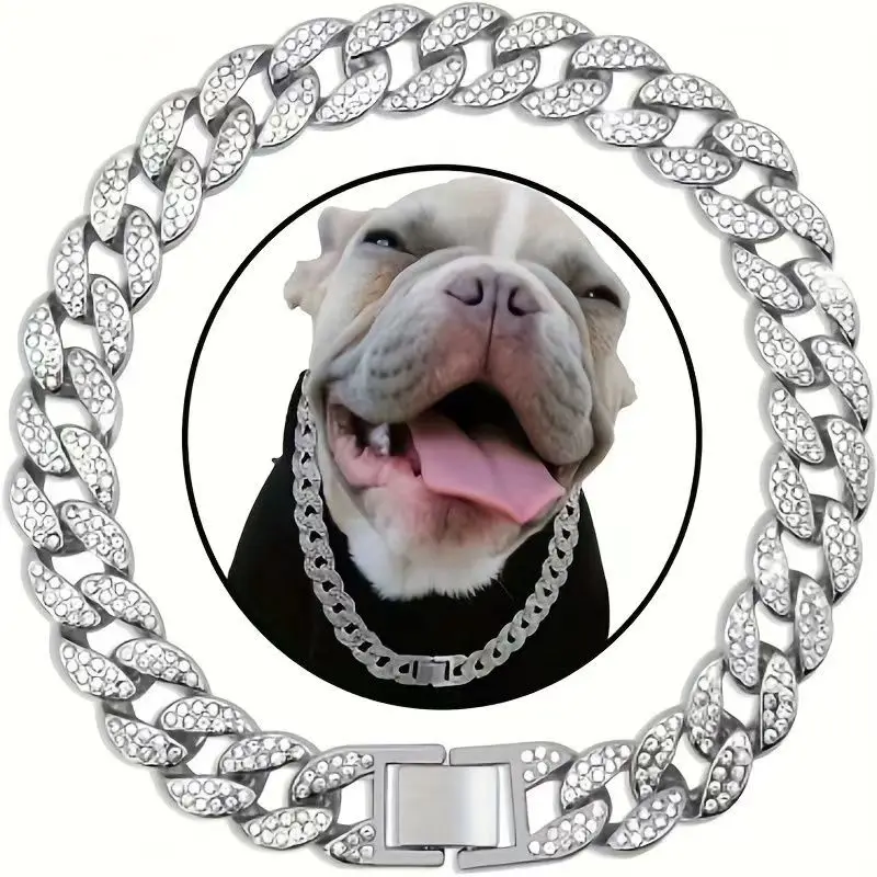 Pet dog collar necklace studded with diamond Cuban chain dog chain dog collar lock buckle gold silver dog chain