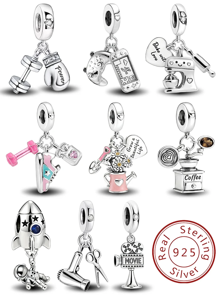 925 Sterling Silver Fashion Coffee Astronaut Watering Tool Rocket Charm Pendant for Bracelets DIY Women's High Quality Jewelry