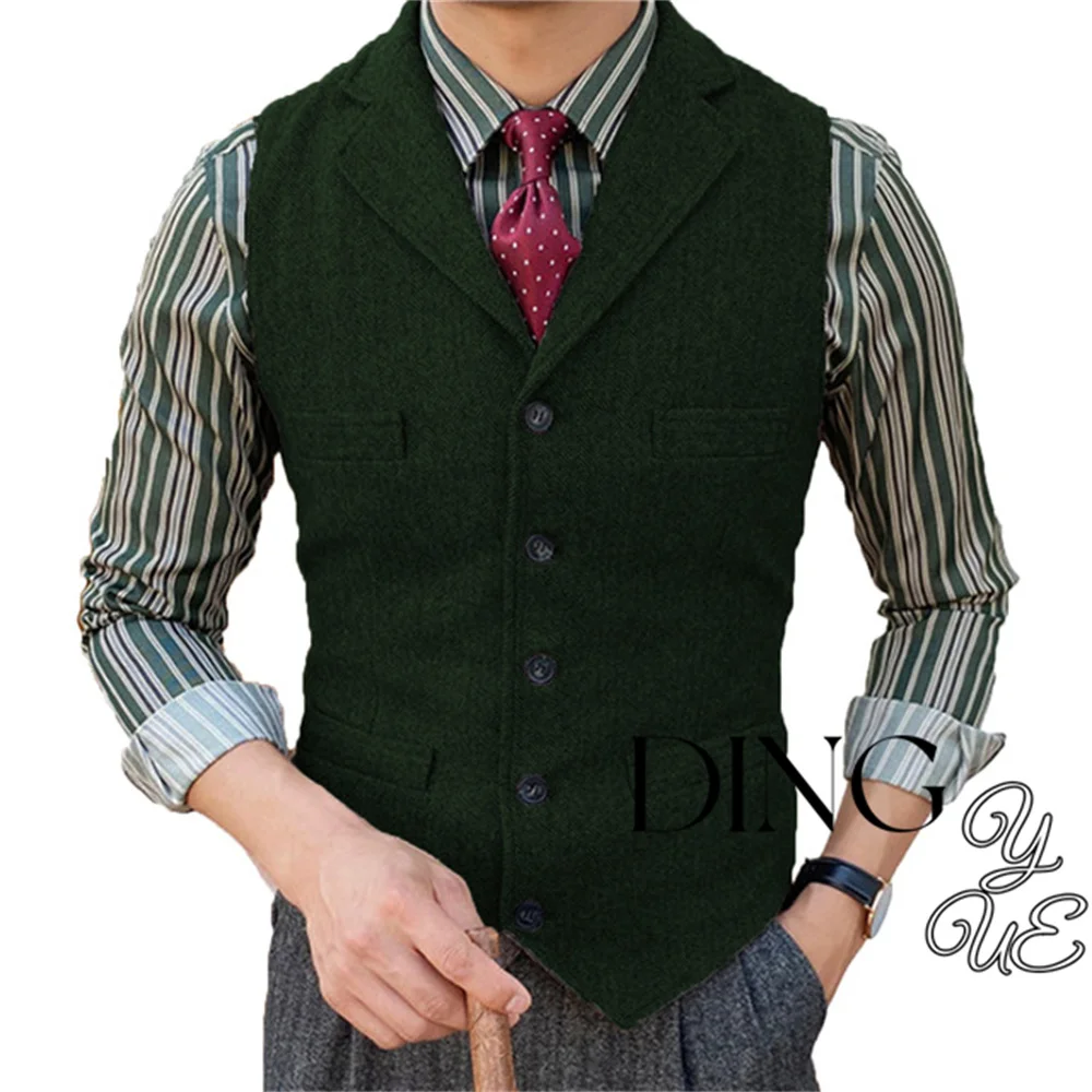 Herringbone Men\'s Suit Vest V Neck 5 buttons Woolen Mens Vests Waistcoat Jacket 3 Pockets Casual Formal Business chaleco hombre