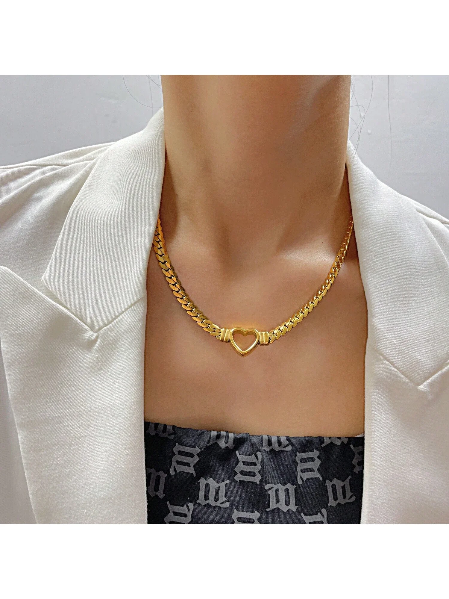 1pc Minimalist Waterproof 14K Gold Plated Stainless Steel Snake Chain Necklace Hollow Heart Design Mother's Day Gift Women Party