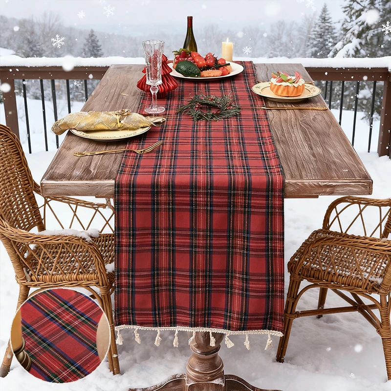 

1pc Linen Christmas Decoration Plaid Table Runner Woven Polyester Cotton Red Green Table Cover for Home Party Dining Decor 탁자 깃발