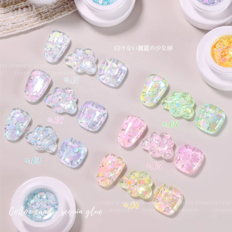 

Vendeeni 6ml Glitter Cotton Candy Sequins Gel Nail Polish Semi Permanent Soak Off UV Gel Colorful DIY Nail Art Nail Varnish