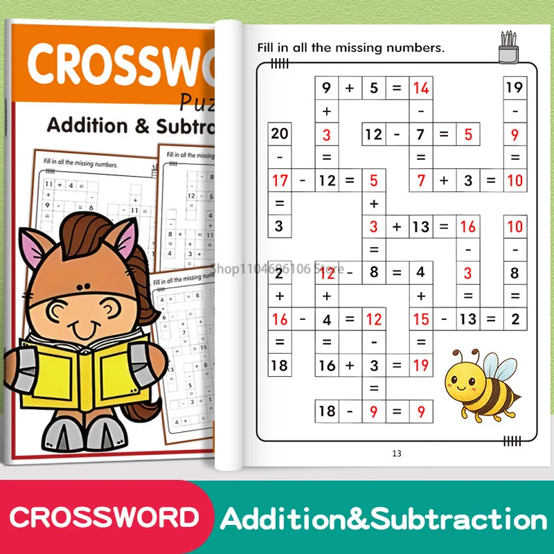 32 Pages Crossword Puzzle Math Workbook for Ages 3-8: Addition & Subtraction Practice with Fun Animal and Bee Illustrations