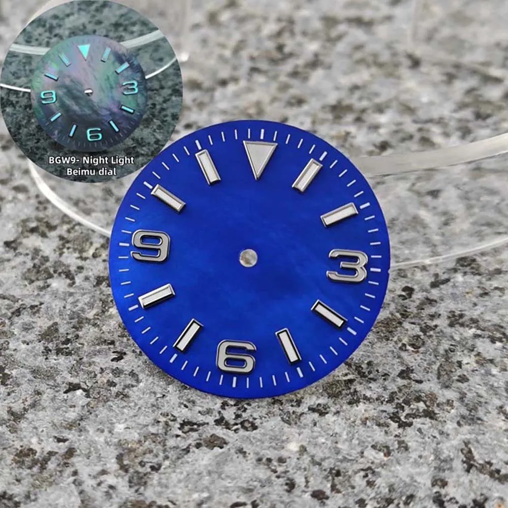 NH35 다이얼 28.5mm, BGW9 블루 야광 시계 다이얼 (NH35 무브먼트용, 캘린더 없음, 369 숫자, 시계판 개조 부품)