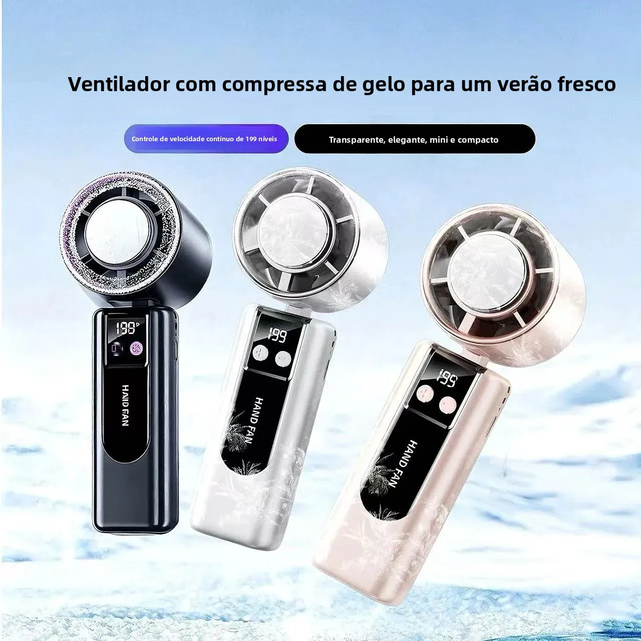Ventilador Portátil de Mão com Compressão de Gelo, Mini Ventilador USB de 199 Velocidades, Resfriador Pessoal com Display Digital para o Verão, Disponível em Três Cores