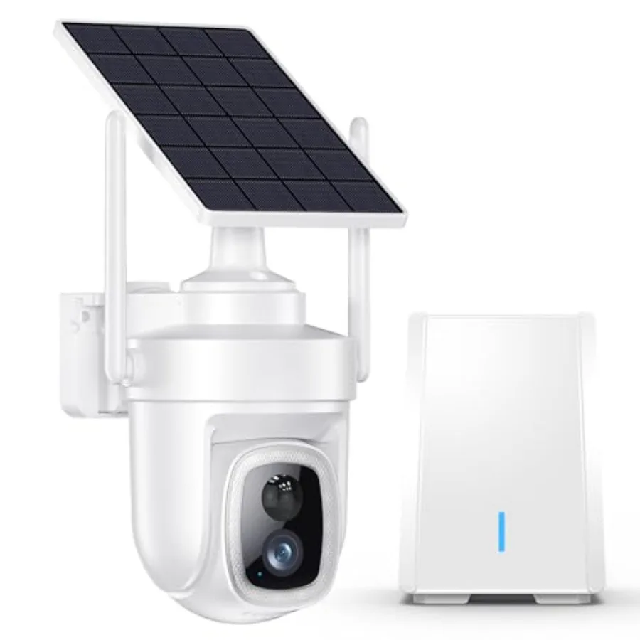 Outdoor security cameras system: wireless 4K solar-powered cameras with local storage base, no subscription needed; 360 pan til