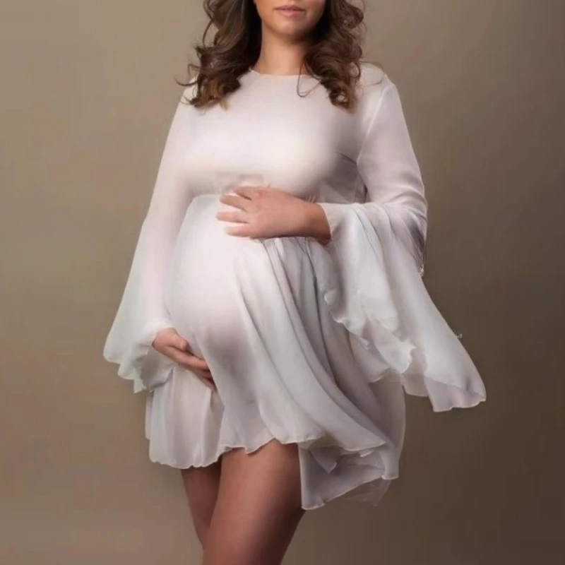 Maternity Clothing For Photo Shooting Sexy Soft Translucent White Chiffon Flare Sleeves Short Dress Photography Dress For Women