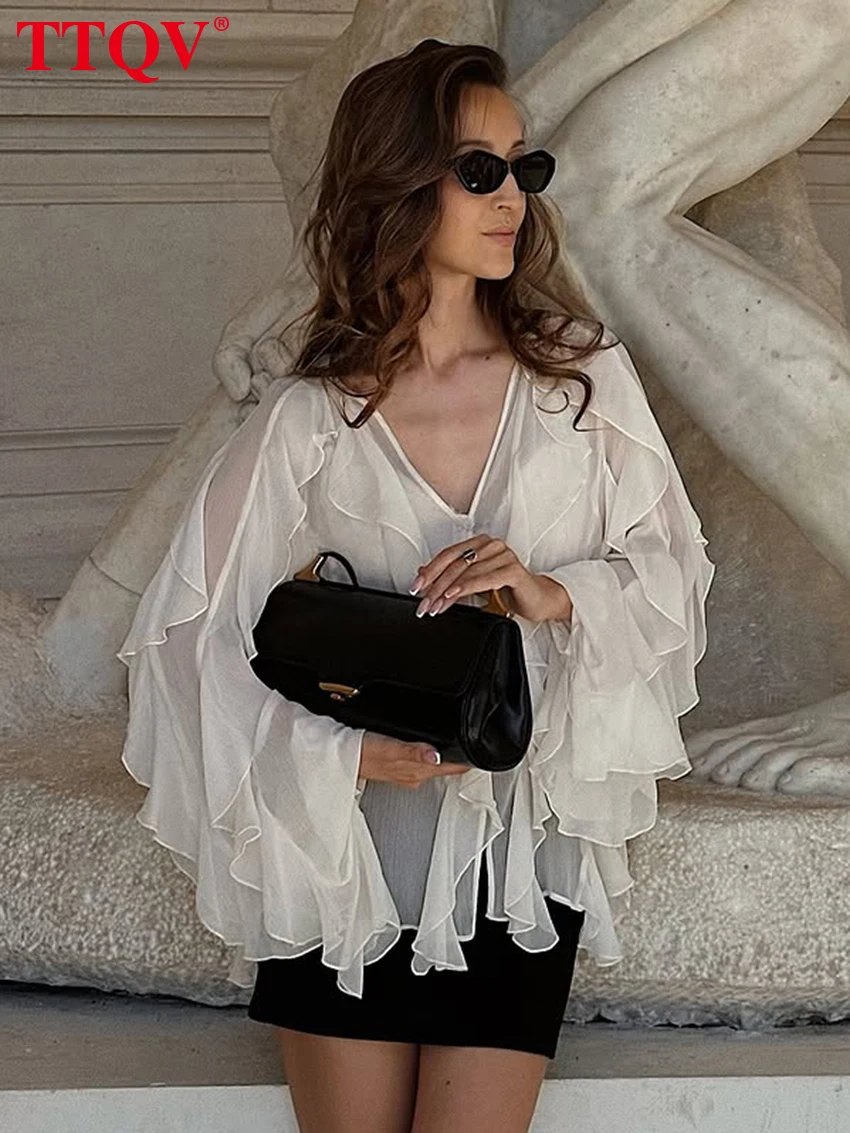 

TTQV Fashion Loose White Women's Blouse 2026 Sexy V-Neck Long Sleeve Lady Shirts Elegant Classic Ruffles Top Female Clothing