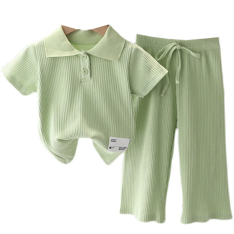 Girls Summer Clothing Suit Children Short-Sleeved Polo Shirt Wide Leg Pants 2Pcs Sets Baby Loungewear Fashion Pit Stripe Outfits