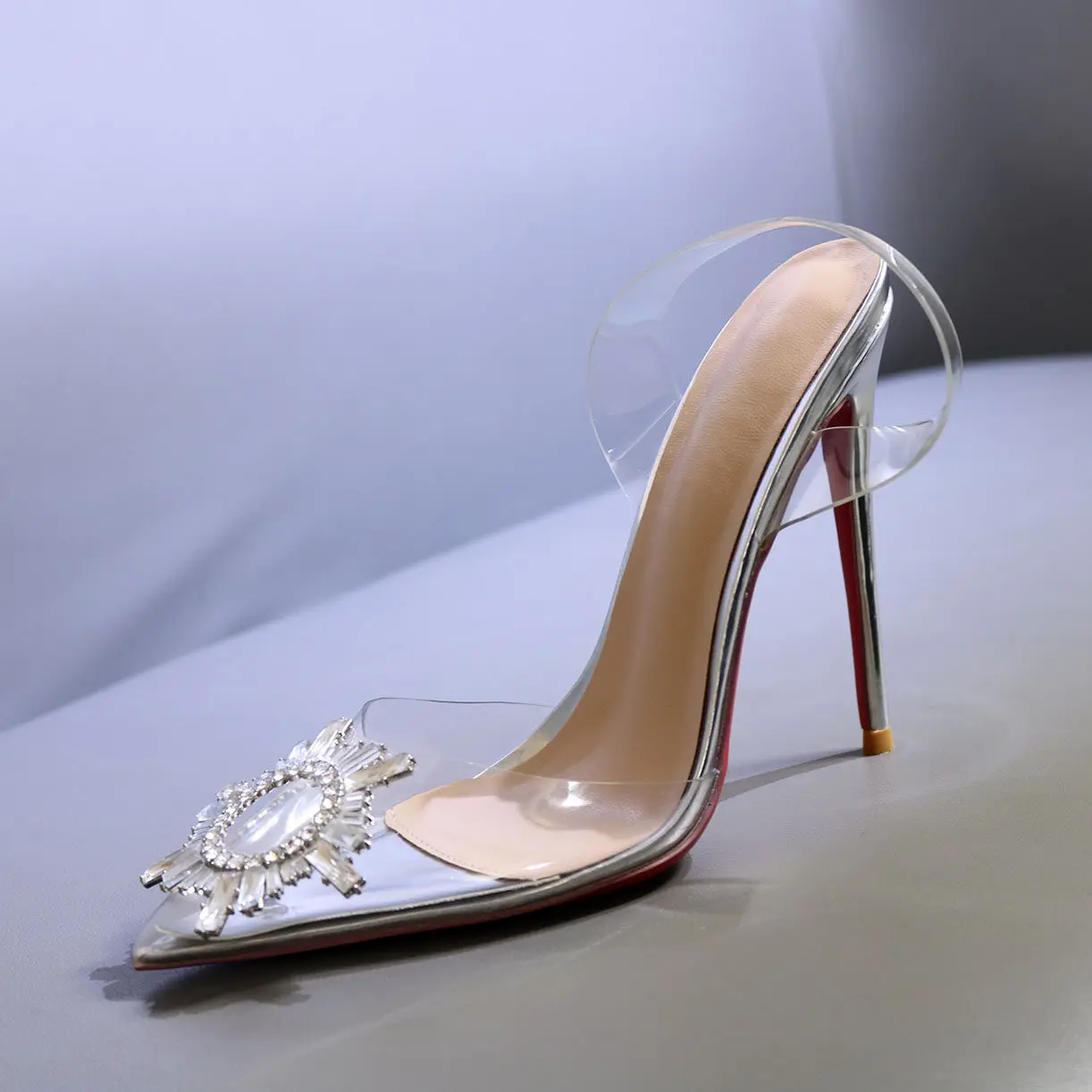 New French style transparent PVC sunflower crystal diamond high-heeled sandals with a pointed edge and a flat back strap