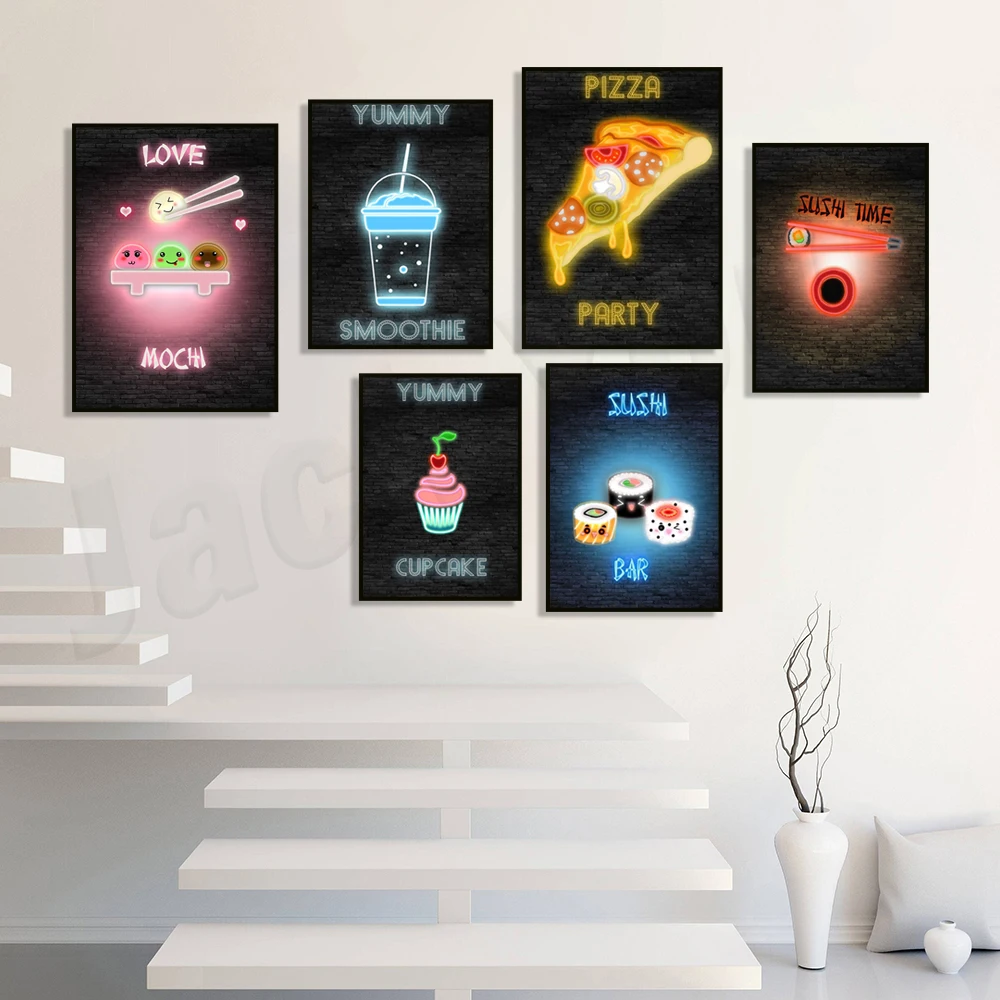 Nordic neon canvas art delicious burger, mochi, chinese food, smoothie, pepper food drink poster sushi party kitchen decoration