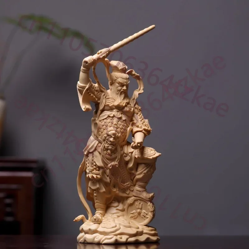 Finely Carved Wood Deity Statue, Taoist Wang Lingguan Decor, Home Altar Temple Feng Shui Ornament