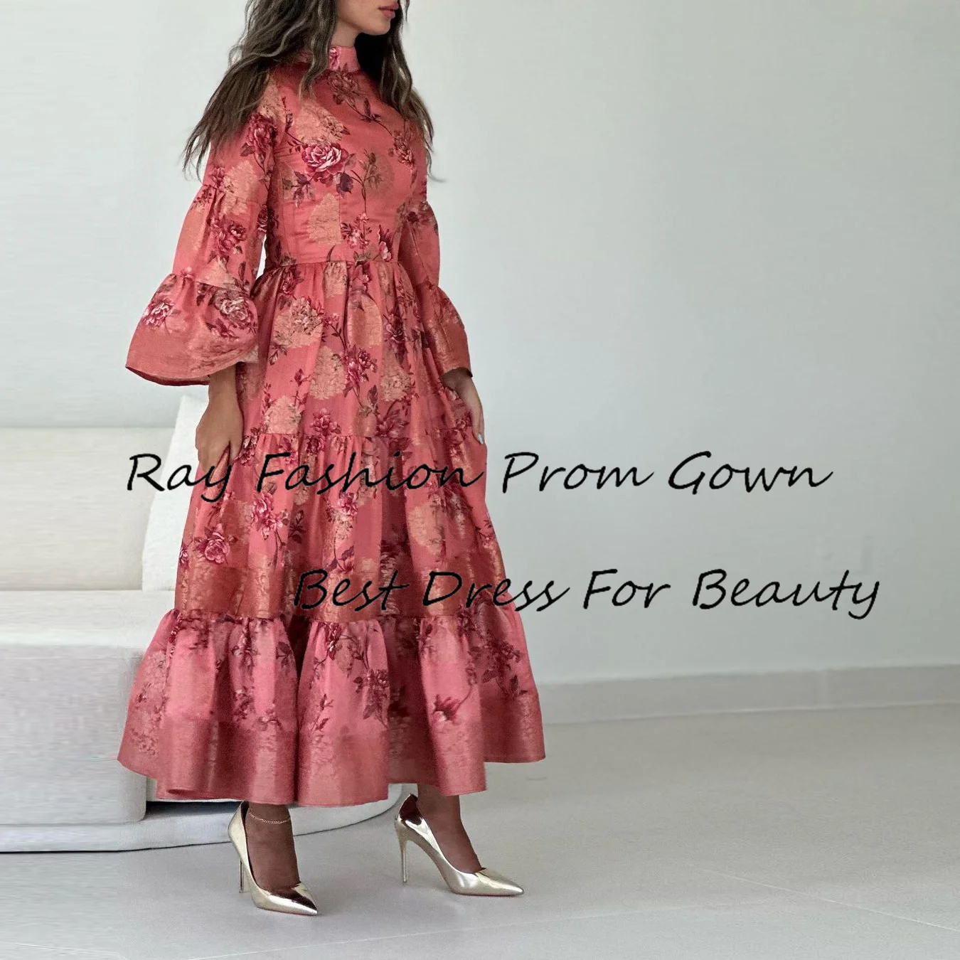 Ray Fashion A Line Prom Dress High Neck With Full Sleeves With Flower Print Tea Length For Formal Occasion فستان حفلة موسيقية