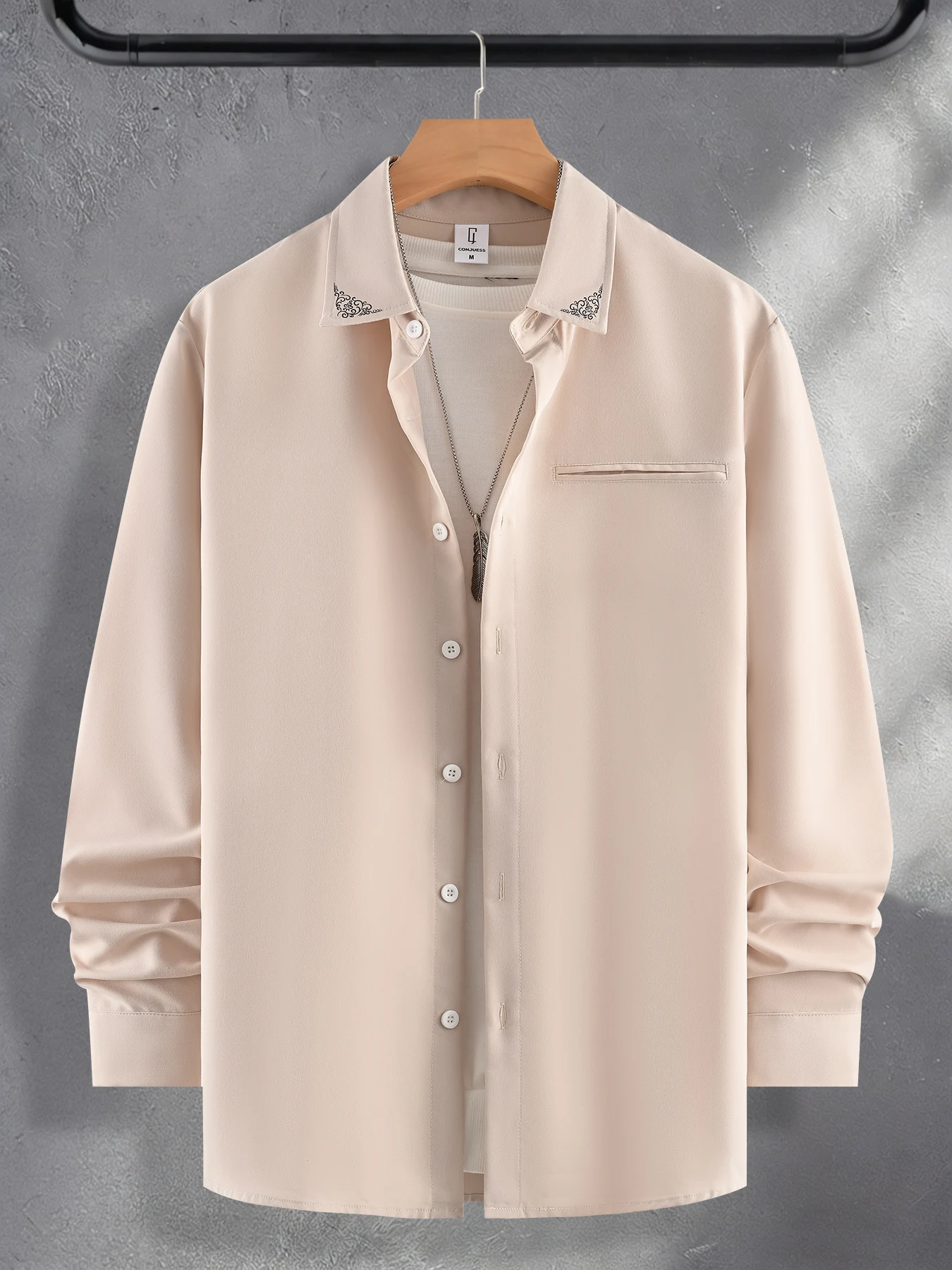 Men's Solid Beige Long-Sleeve Casual Shirt with Embroidered Collar Decoration, Lightweight Loose Fit Shirt, Versatile Long-Sleeve Top for Daily Commute and Street Style