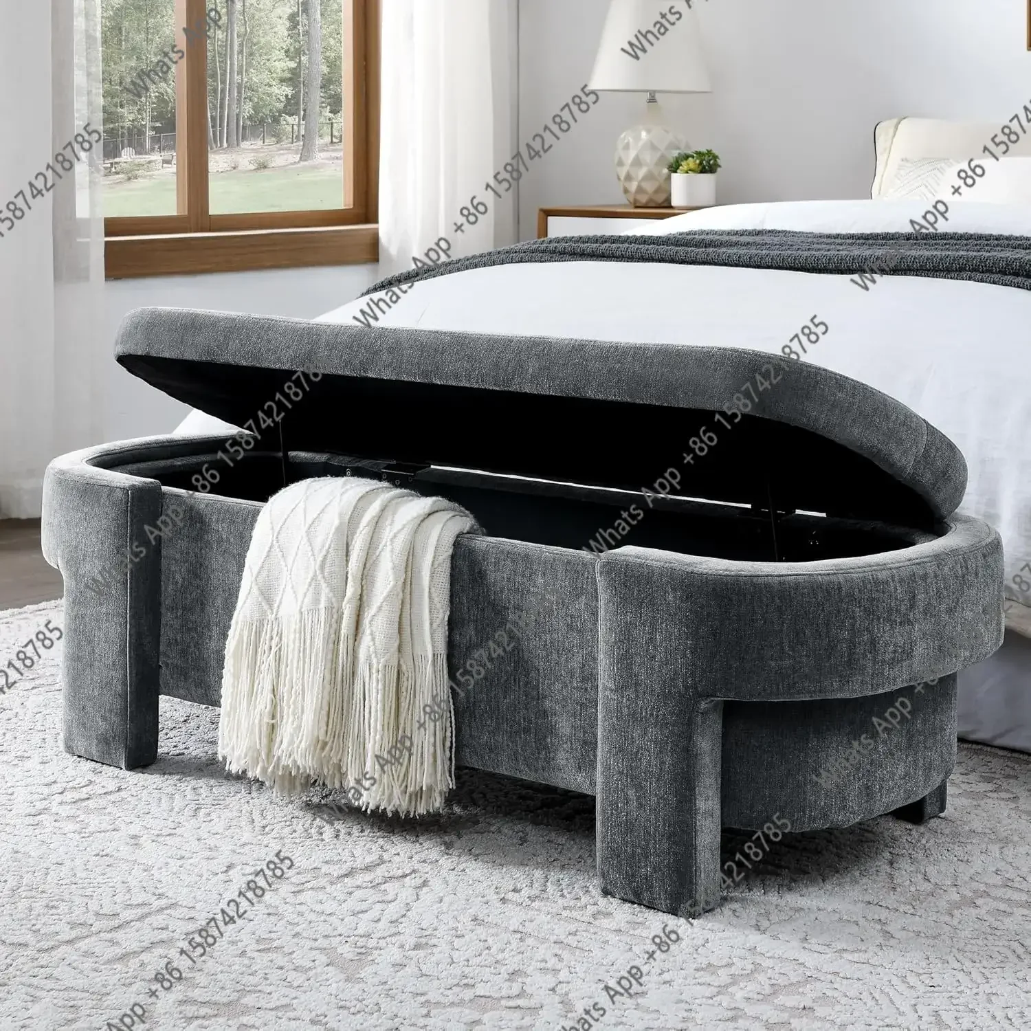 CC With Safety Hinge & Hidden Compartment Oversized 51.5" (131cm) Oval Linen Upholstered Storage Bench | End Of Bed Ottoman