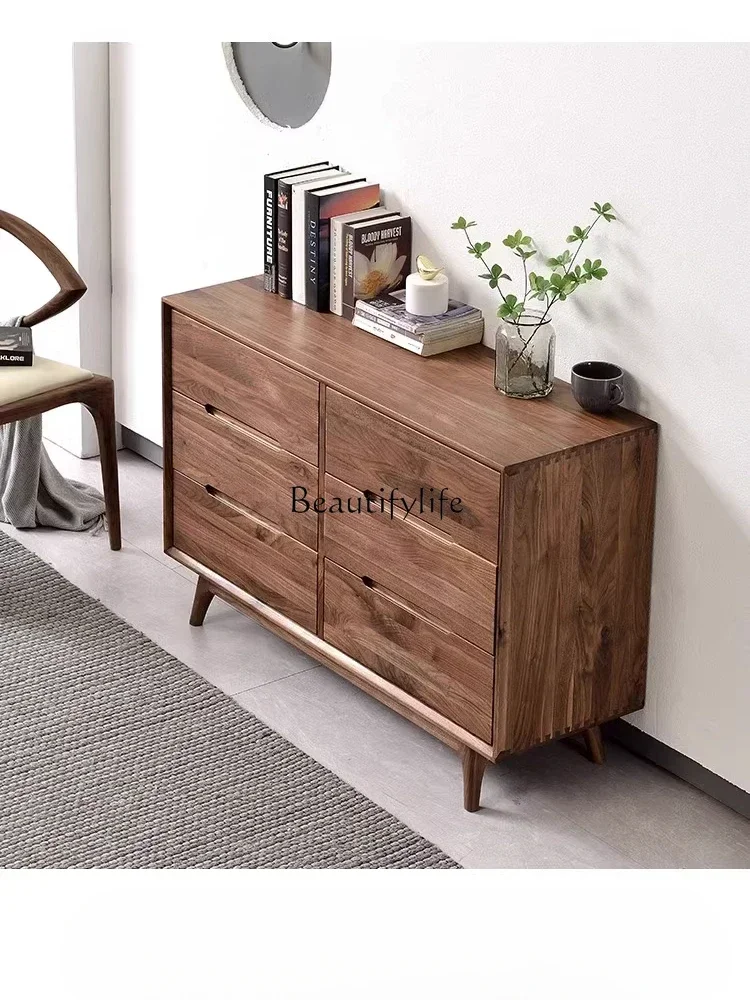 

yj5 Black walnut chest cabinet Nordic solid wood bedroom drawer storage cabinet light luxury against the wall