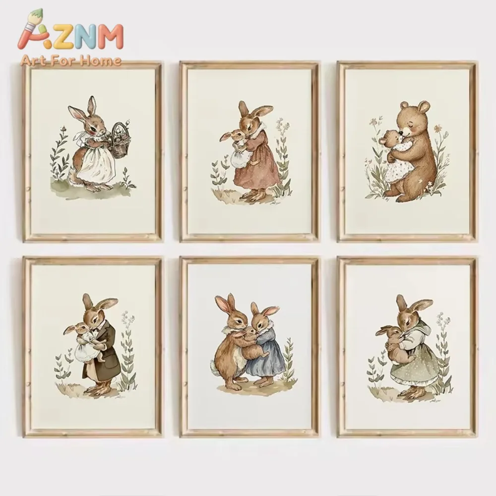 

1pc Antique Cartoon Mom and Bunny Canvas Print Rabbit Bear Animal Tale Nursery Wall Art Poster Picture Family Farmhouse Decor