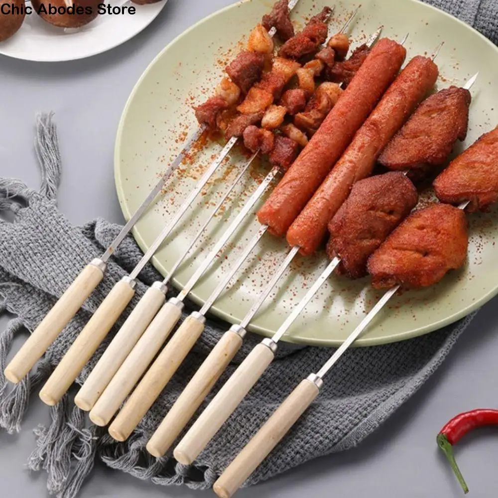 

10pcs/set Wooden Handle Flat Barbecue Skewers Anti-slip 35cm Stainless Steel Barbecue Stick Anti-scald Reusable