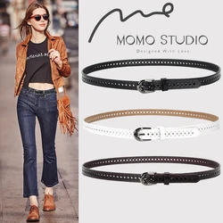 Hollow out thin belt women's retro cowhide waistband casual jeans decoration genuine leather skinny belt gun-black buckle girdle