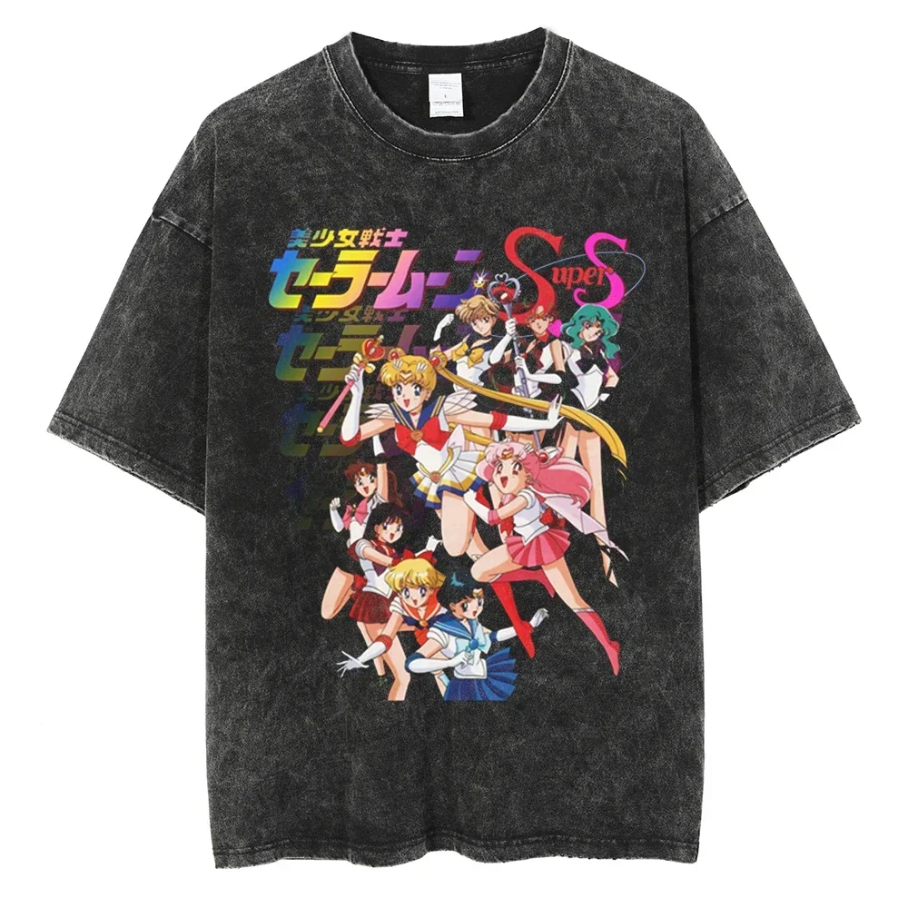 

Новая летняя футболка унисекс с принтом «Сейлор Мун» в стиле ретро, из хлопка, с эффектом потертости, для мужчин и женщин, уличная одежда на все сезоны