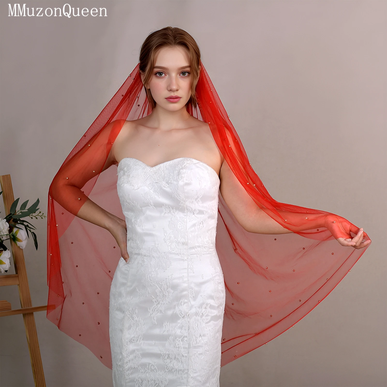 

Свадебная фата TOPQUEEN с красными жемчужинами, фата Velo De Novia, свадебный головной убор с бисером, свадебные аксессуары Tocado Novia Boda v89