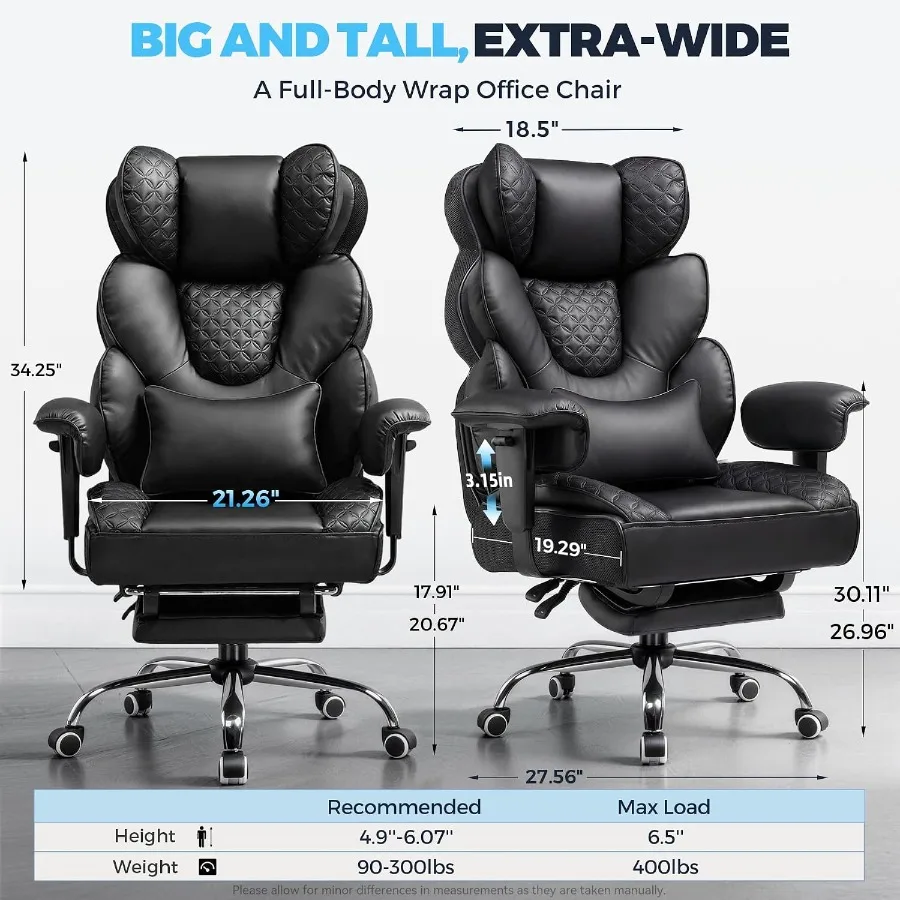 Big and Tall Gaming Chair Ergonomic Heavy Duty Office Chair Racing Seat with Adjustable Lumbar Pillow Footrest 150° Reclining T