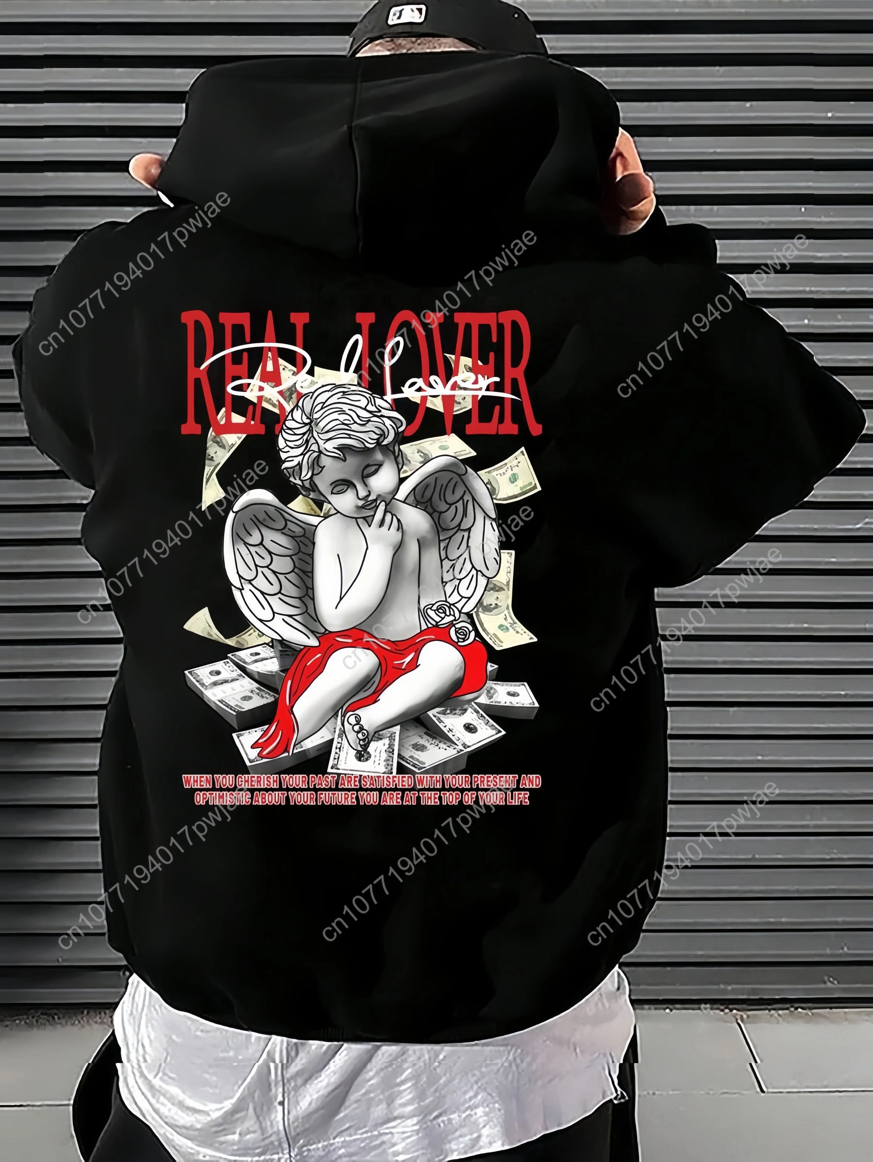 Sudadera con capucha con estampado gráfico "REAL LOVER" para hombre, acogedora jersey con forro polar y diseño de ángel y dados, sudadera informal holgada con capucha