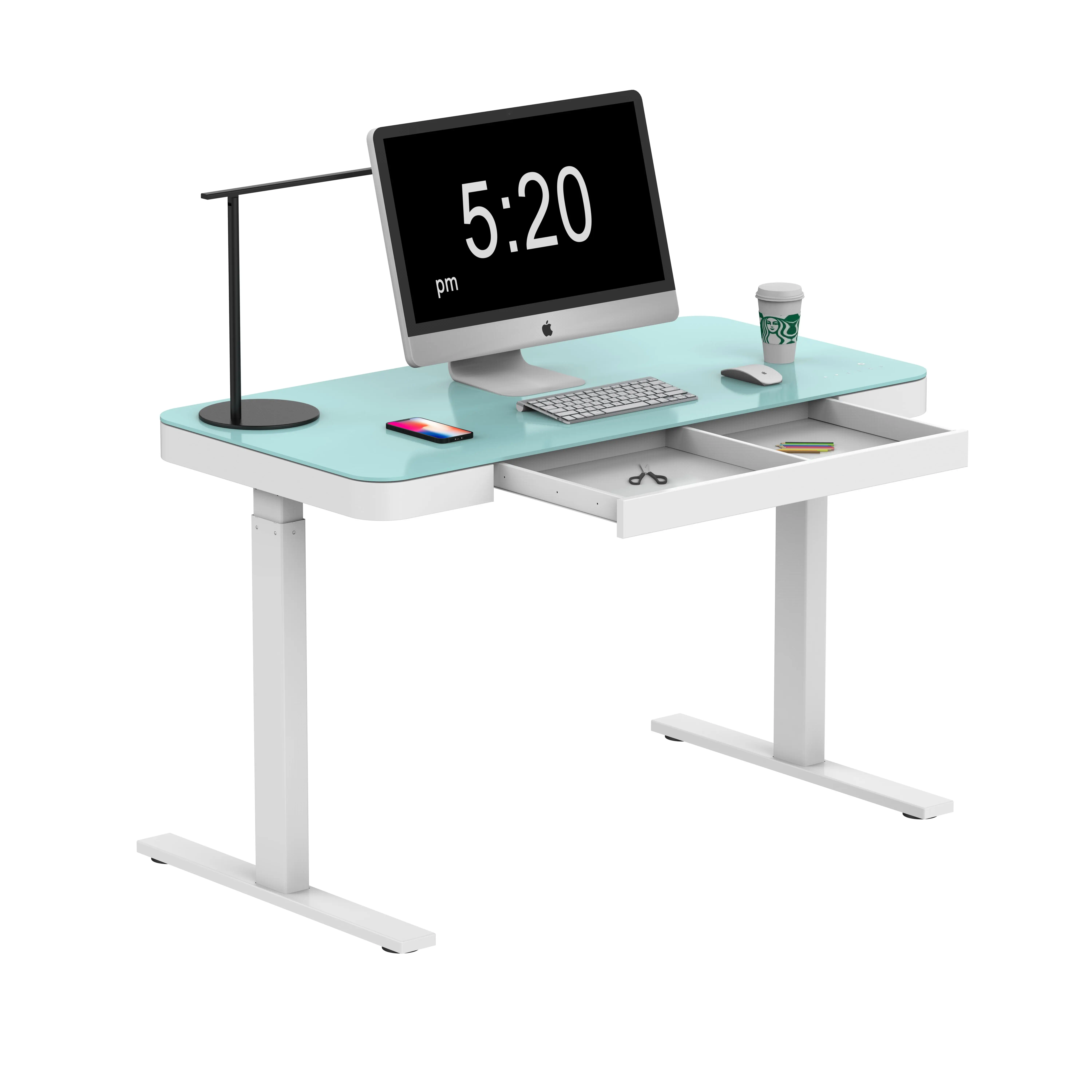 Single Motor Electric Height Adjustable Glass tabletop Standing Desk Drawer laptop Table Frame ergonomic Computer desk