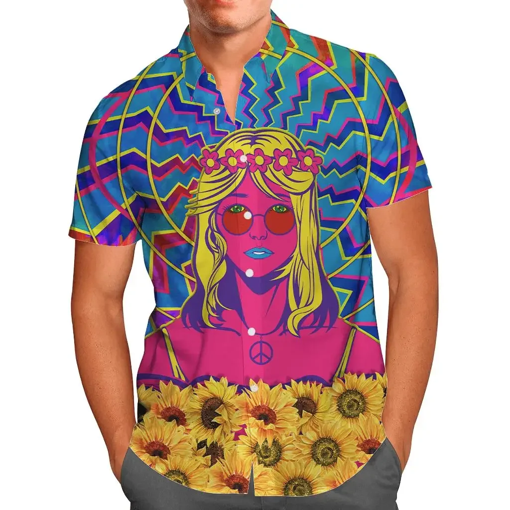 Hippie Girl With Sunflower Shirt 3D Hawaiian Men's Summer Short Sleeved Shirt 2024 Oversized Chemise Homme Shirts for Men